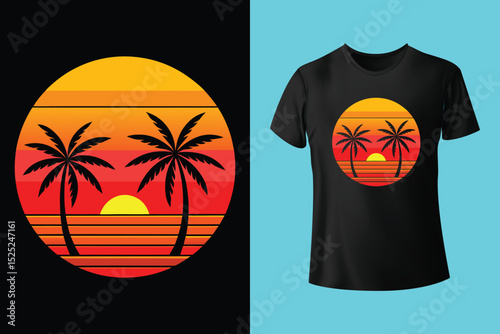 Sunset Surf Beach Shirt Design – Vibrant Coastal Scene, Barefoot on the Beach Vector T-Shirt – Sand, Sea, and Serenity, Endless Summer T-Shirt Design – Ocean, Palms, and Sunset Horizon.