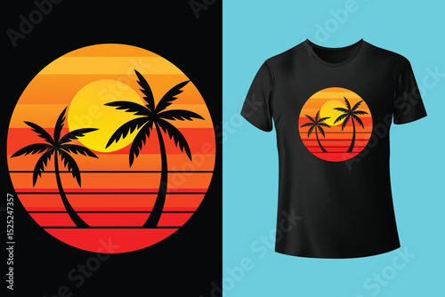 Sunset Surf Beach Shirt Design – Vibrant Coastal Scene, Barefoot on the Beach Vector T-Shirt – Sand, Sea, and Serenity, Endless Summer T-Shirt Design – Ocean, Palms, and Sunset Horizon.