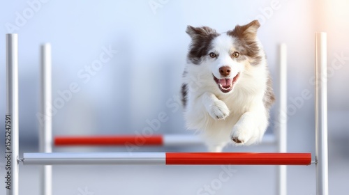 A happy Australian Shepherd dog joyfully leaps over a low red hurdle du an exciting agility competition showcasing its athleticism and playful energy outdoors.