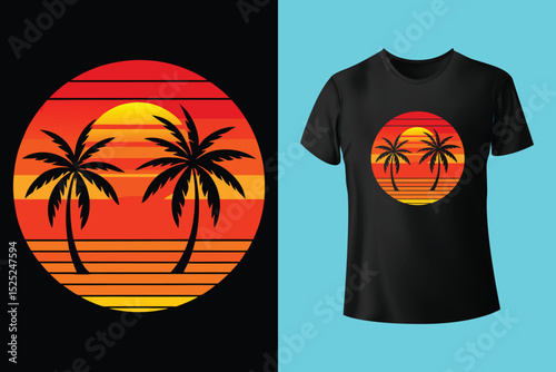 Sunset Surf Beach Shirt Design – Vibrant Coastal Scene, Barefoot on the Beach Vector T-Shirt – Sand, Sea, and Serenity, Endless Summer T-Shirt Design – Ocean, Palms, and Sunset Horizon.