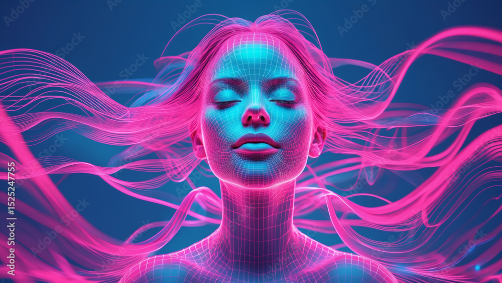 Tranquil Digital Portrait of Woman with Ethereal Sound Waves – Generative AI in 4K Tranquil Digital Portrait of Woman with Ethereal Sound Waves – Generative AI in 4K