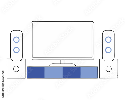 Simple line drawing of home theater system with flat screen tv and speakers