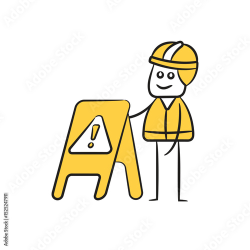 doodle engineer and caution signage character