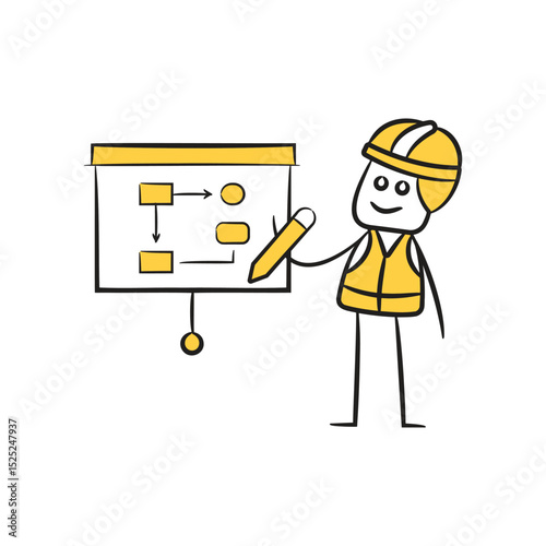 doodle engineer presenting diagram on white board character