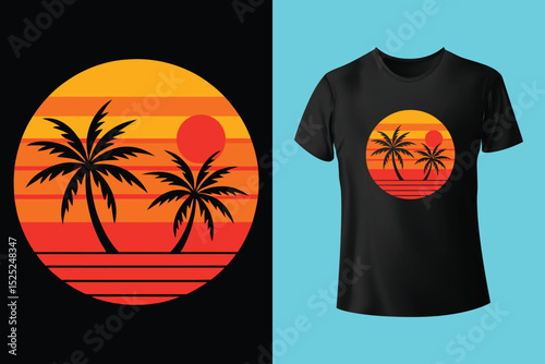 Sunset Surf Beach Shirt Design – Vibrant Coastal Scene, Barefoot on the Beach Vector T-Shirt – Sand, Sea, and Serenity, Endless Summer T-Shirt Design – Ocean, Palms, and Sunset Horizon.