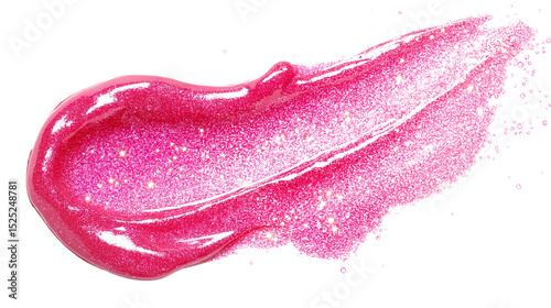Smudge of lip gloss with glitter on white background, realistic cosmetic texture png 