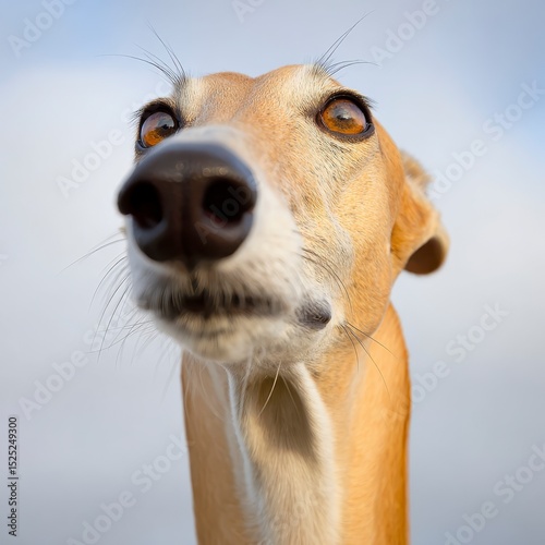 Close-Up Portrait of a Curious Greyhound Dog with Prominent Nose Against a Light Blue Sky Background