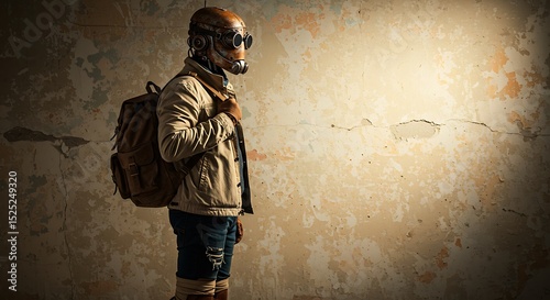 Steampunk Style Detailed Traveler Person with Gas Mask and Backpack Portrait