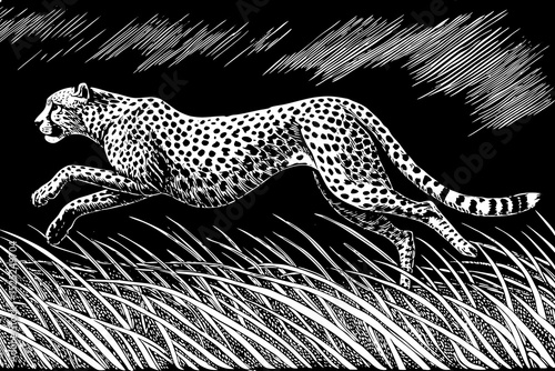 black and white sketch vector of a cheetah running at high speed through dry grass
