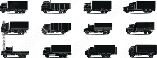 Black Silhouette Set of Commercial Trucks | High-Quality Vector Illustrations Featuring Diverse Vehicle Designs for Transportation