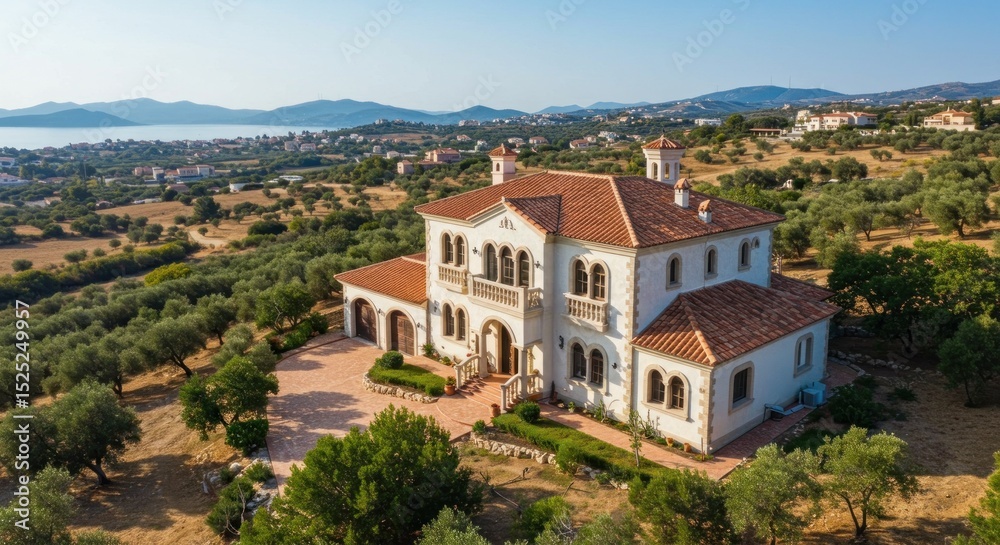 Obraz premium Mediterranean villa atop olivedotted hillside