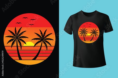 Sunset Surf Beach Shirt Design – Vibrant Coastal Scene, Barefoot on the Beach Vector T-Shirt – Sand, Sea, and Serenity, Endless Summer T-Shirt Design – Ocean, Palms, and Sunset Horizon.