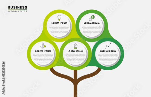 Infographics design template, Tree diagram with 5 steps or options, vector illustration.
