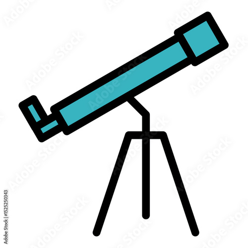 Telescope is shown in a black and white drawing. The telescope is on a tripod