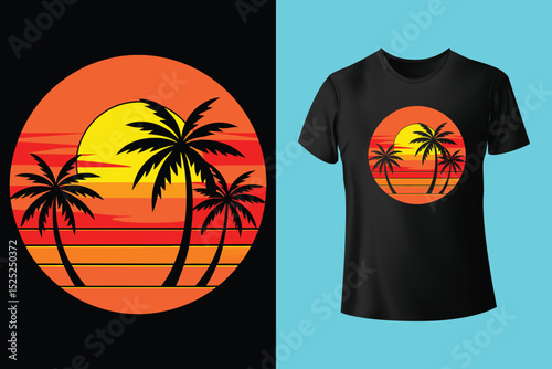 Sunset Surf Beach Shirt Design – Vibrant Coastal Scene, Barefoot on the Beach Vector T-Shirt – Sand, Sea, and Serenity, Endless Summer T-Shirt Design – Ocean, Palms, and Sunset Horizon.