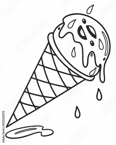 Outline drawing vector, melting ice cream cone, drips, playful, white background.