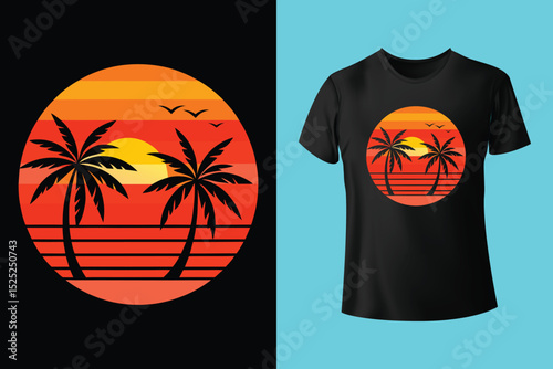 Sunset Surf Beach Shirt Design – Vibrant Coastal Scene, Barefoot on the Beach Vector T-Shirt – Sand, Sea, and Serenity, Endless Summer T-Shirt Design – Ocean, Palms, and Sunset Horizon.