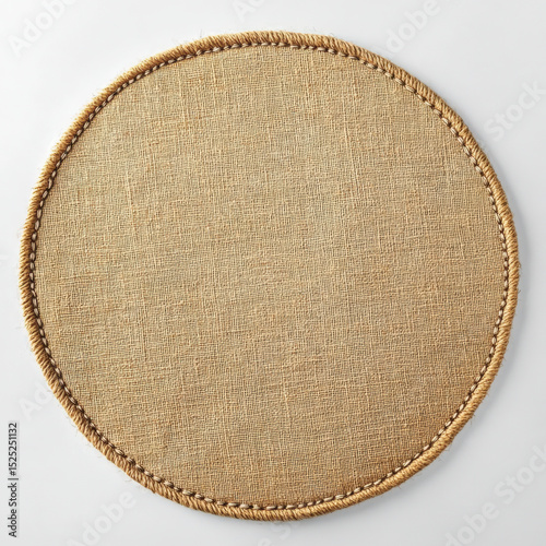 Round burlap placemat with woven edge on white background