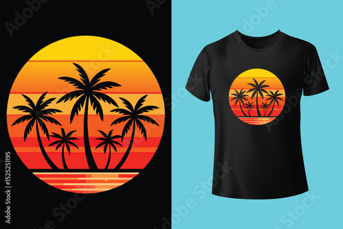 Sunset Surf Beach Shirt Design – Vibrant Coastal Scene, Barefoot on the Beach Vector T-Shirt – Sand, Sea, and Serenity, Endless Summer T-Shirt Design – Ocean, Palms, and Sunset Horizon.