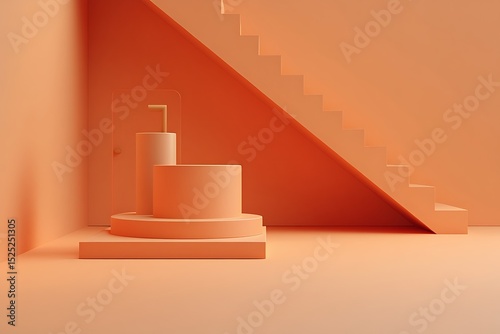 Monochromatic Orange Interior Design Minimalist Staircase and Cylindrical Platform