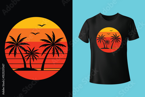 Sunset Surf Beach Shirt Design – Vibrant Coastal Scene, Barefoot on the Beach Vector T-Shirt – Sand, Sea, and Serenity, Endless Summer T-Shirt Design – Ocean, Palms, and Sunset Horizon.