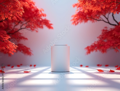 Minimalist Product Display White Cylinder on White Floor with Red Maple Trees and Falling Leaves