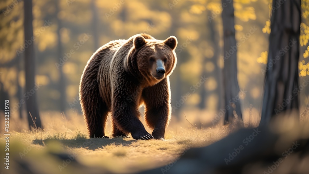 Obraz premium Brown Bear Walking in Sunlit Forest