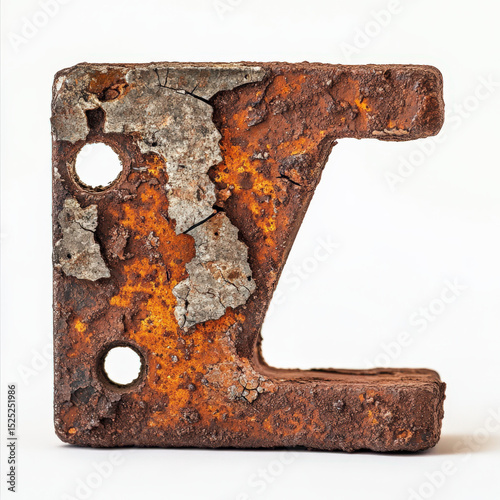 Rusty metal bracket with cracked paint on white background