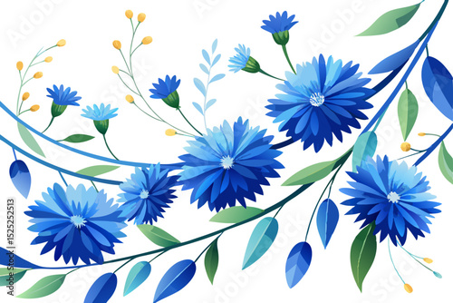 blue floral background, Blue cornflower garland with stiff teal stems, on white background 