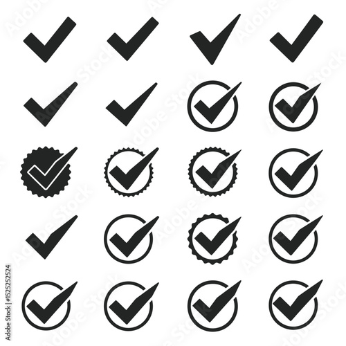Check mark icon set. Checkmarks and confirm. Check marks for agreement, vote, confirmation, choise. Vector illustration.