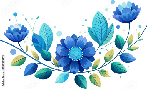 abstract floral background. Blue scabiosa garland with scalloped teal leaves, botanical on white background.