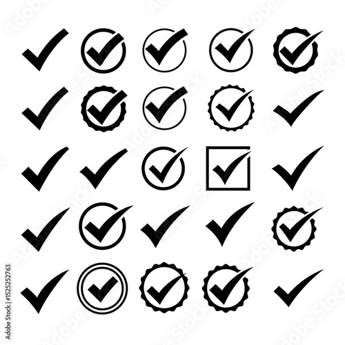 Check mark icon set. Checkmarks and confirm. Check marks for agreement, vote, confirmation, choise. Vector illustration.