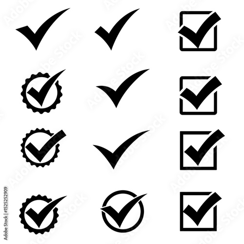 Check mark icon set. Checkmarks and confirm. Check marks for agreement, vote, confirmation, choise. Vector illustration.