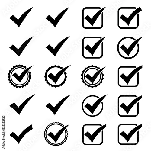 Check mark icon set. Checkmarks and confirm. Check marks for agreement, vote, confirmation, choise. Vector illustration.