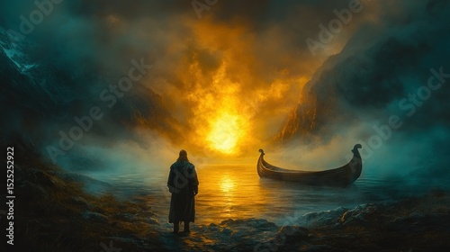 A solitary figure gazes at a fiery spectacle over a fjord, a longship rests nearby