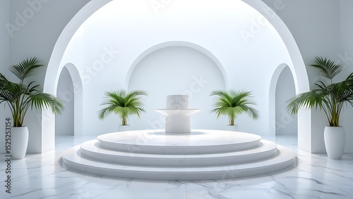 Serene White Minimalist Interior Design Architectural Visualization of a Luxurious Modern Space with Palm Trees