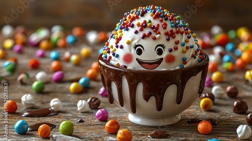Whimsical ice cream sundae with chocolate sauce