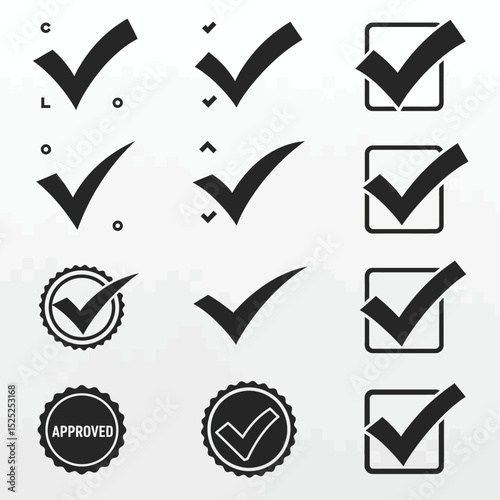 Check mark icon set. Checkmarks and confirm. Check marks for agreement, vote, confirmation, choise. Vector illustration.