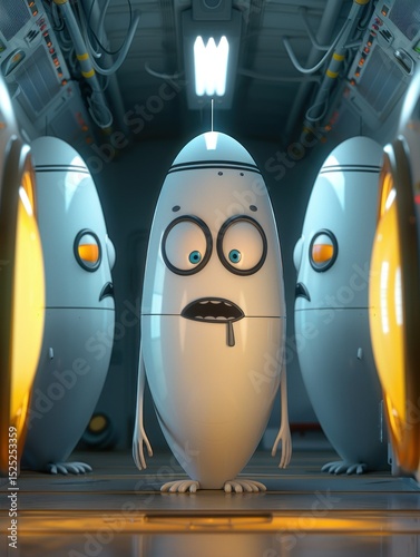 A surprised, oval-shaped character stands in a futuristic corridor, surrounded by other similar figures