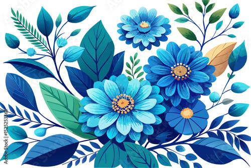 zinnia flowers and bold teal leaves in garland, botanical art. on white background.  seamless floral pattern