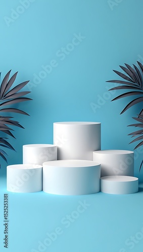 Elegant White Cylindrical Display Platforms with Tropical Leaves on Light Blue Background Perfect for Product Showcase or Mockups
