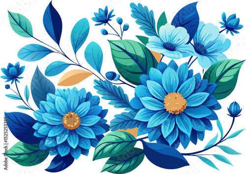 zinnia flowers and bold teal leaves in garland, botanical art. on white background.  seamless floral pattern