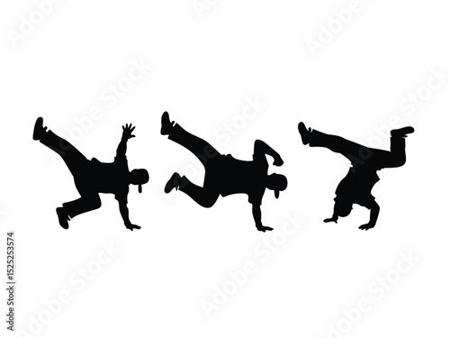 silhouette of break dancer with various styles isolated with white background 