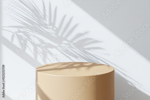 Beige Cylinder Product Display Stand with Palm Leaf Shadow Overlay Minimalist Mockup for Branding and Marketing