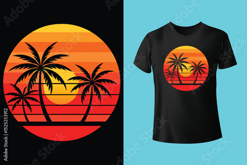 Sunset Surf Beach Shirt Design – Vibrant Coastal Scene, Barefoot on the Beach Vector T-Shirt – Sand, Sea, and Serenity, Endless Summer T-Shirt Design – Ocean, Palms, and Sunset Horizon.
