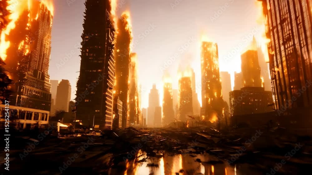 Fiery urban apocalypse with collapsing skyscrapers at dusk