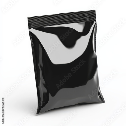 Black glossy snack pouch isolated on white background