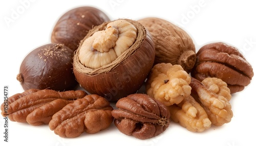 PNG bundle of chestnut, pecan, and walnut nuts with a clear, isolated background.  Superfood nut snack that is healthy.  Natural, organic, nutrient-dense food with flavor