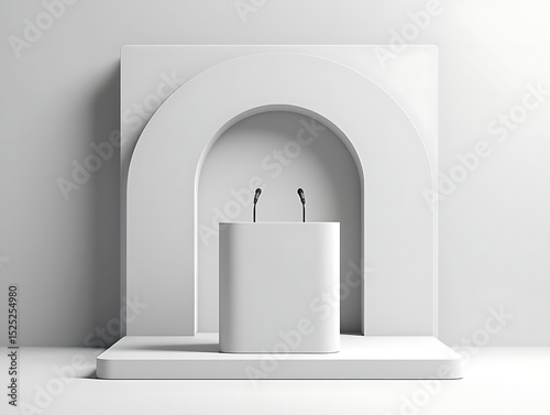 Modern Minimalist Podium Design Archway Stage with Microphones for Presentations and Speeches