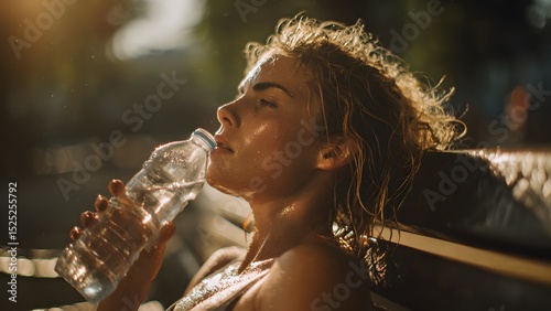 A young sweaty woman with curly blonde hair drinks water from a plastic bottle while sitting on a bench in a sunlit park. Extreme dangerous heat, global warming, heat stroke, dehydration